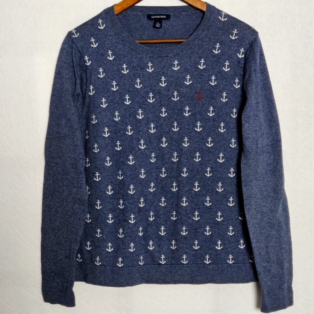 Lands' End Blue Pullover Cotton Cashmere Blend Anchor Print Sweater - Size Large